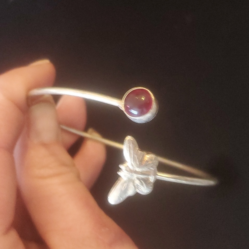 New Garnet Silver Butterfly Adjustable Cuff Bracelet.
